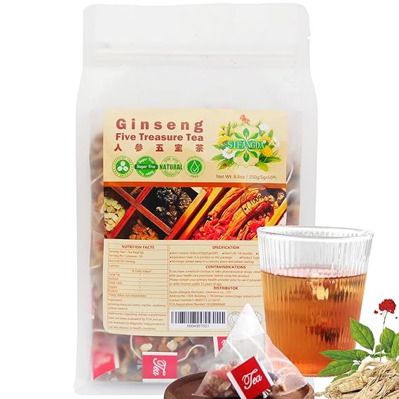 SIFANGDA Ginseng Five Treasure Tea 8.81oz(250g,5gx50P) Natural Chinese Kidney Care Herbal