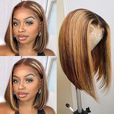 Bob Straight 427 Highlight Wig Lace Front Wigs Human Hair 14 inch Brazilian Straight 427 Ombre Brown Honey Blonde 1361 Human Hair Wigs for Black Women 150% Density Pre Plucked With Baby Hair