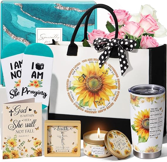 Christian Gifts for Women Faith, Sunflower Inspirational Religious Gifts for Women, Catholic Spiritual Gift, Birthday Mothers Day Gift for Mom Sister Best Friends Coworker Teacher Grandma w Tote Bag